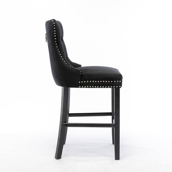 4X Velvet Bar Stools with Studs Trim Wooden Legs Tufted Dining Chairs Kitchen - RnR Galore