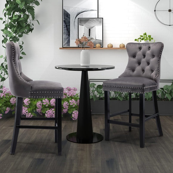 4X Velvet Bar Stools with Studs Trim Wooden Legs Tufted Dining Chairs Kitchen - RnR Galore