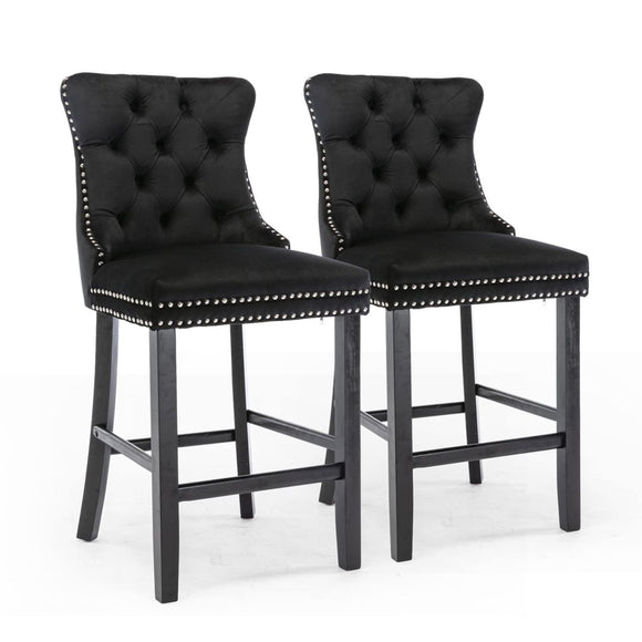 4X Velvet Bar Stools with Studs Trim Wooden Legs Tufted Dining Chairs Kitchen - RnR Galore