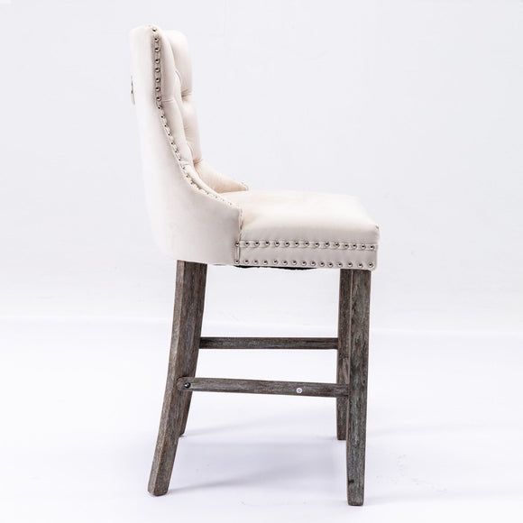 4X Velvet Bar Stools with Studs Trim Wooden Legs Tufted Dining Chairs Kitchen - RnR Galore