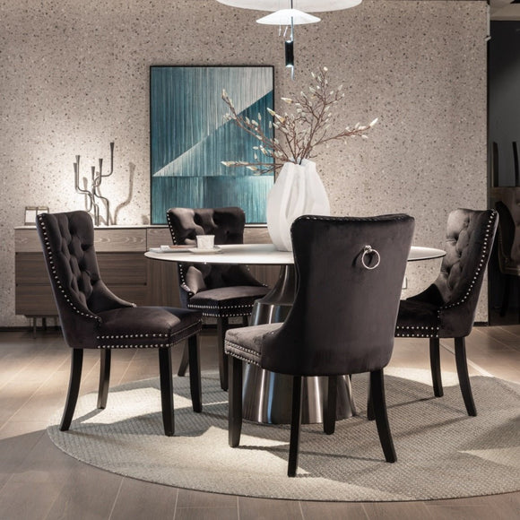 4x Velvet Dining Chairs Upholstered Tufted Kithcen Chair with Solid Wood Legs Stud Trim and Ring - Black - RnR Galore