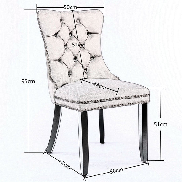 4x Velvet Dining Chairs Upholstered Tufted Kithcen Chair with Solid Wood Legs Stud Trim and Ring - Black - RnR Galore