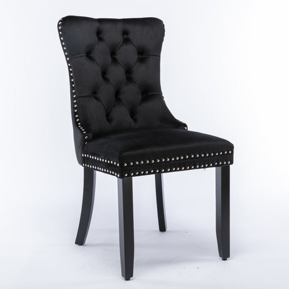 4x Velvet Dining Chairs Upholstered Tufted Kithcen Chair with Solid Wood Legs Stud Trim and Ring - Black - RnR Galore
