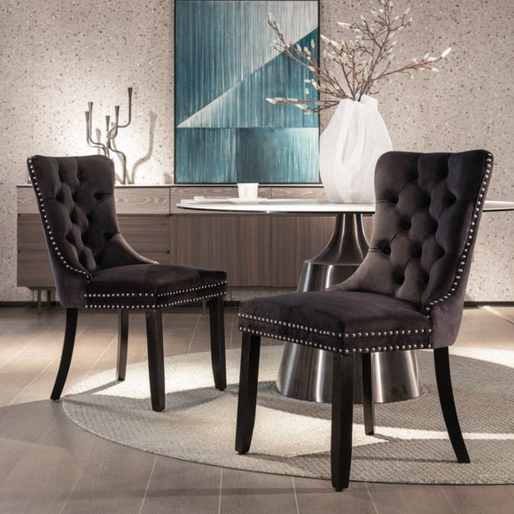 4x Velvet Dining Chairs Upholstered Tufted Kithcen Chair with Solid Wood Legs Stud Trim and Ring - Black - RnR Galore