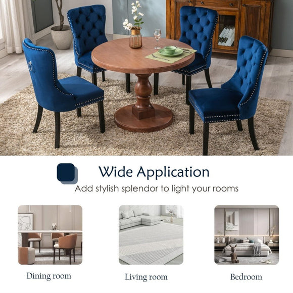 4x Velvet Dining Chairs Upholstered Tufted Kithcen Chair with Solid Wood Legs Stud Trim and Ring - Blue - RnR Galore