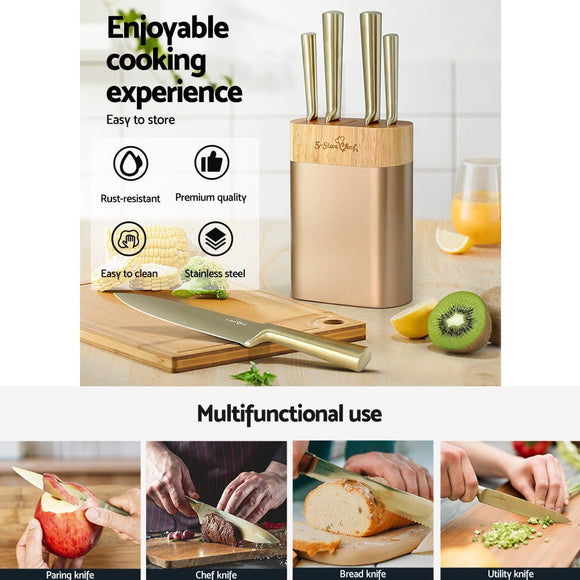 5 - Star Chef 6PCS Kitchen Knife Set Stainless Steel Nonstick Block Chef Sharp - RnR Galore