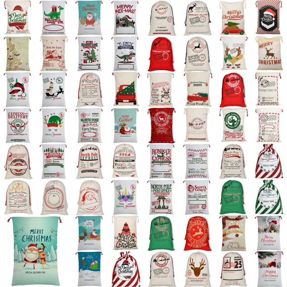 50x70cm Canvas Hessian Christmas Santa Sack Xmas Stocking Reindeer Kids Gift Bag, Cream - Santa Coming To Town - RnR Galore