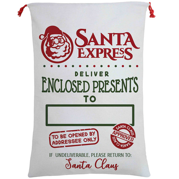 50x70cm Canvas Hessian Christmas Santa Sack Xmas Stocking Reindeer Kids Gift Bag, Cream - Santa Express - RnR Galore