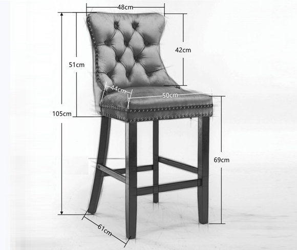 6X Velvet Bar Stools with Studs Trim Wooden Legs Tufted Dining Chairs Kitchen - RnR Galore