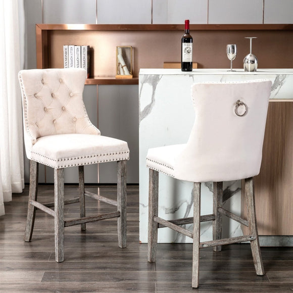 6X Velvet Bar Stools with Studs Trim Wooden Legs Tufted Dining Chairs Kitchen - RnR Galore