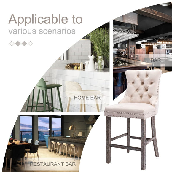 6X Velvet Bar Stools with Studs Trim Wooden Legs Tufted Dining Chairs Kitchen - RnR Galore