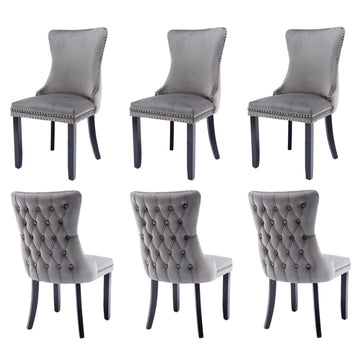 6x Velvet Upholstered Dining Chairs Tufted Wingback Side Chair with Studs Trim Solid Wood Legs for Kitchen - RnR Galore