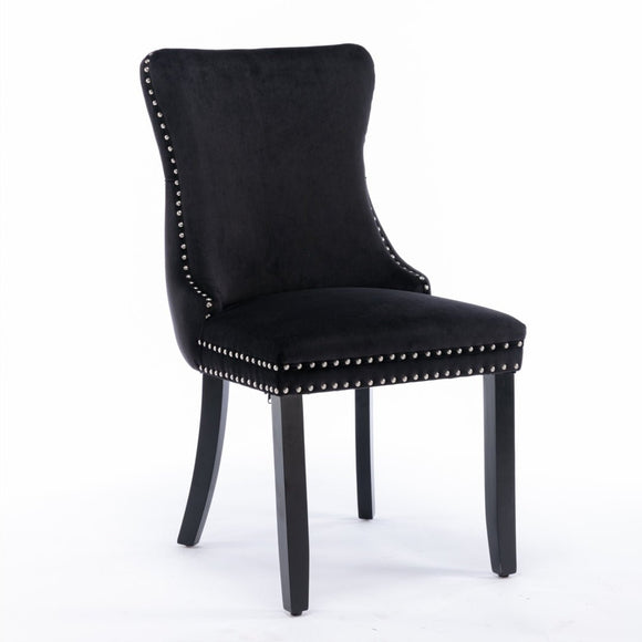 6x Velvet Upholstered Dining Tufted Chairs with Studs Trim and Solid Wood Legs - Black - RnR Galore