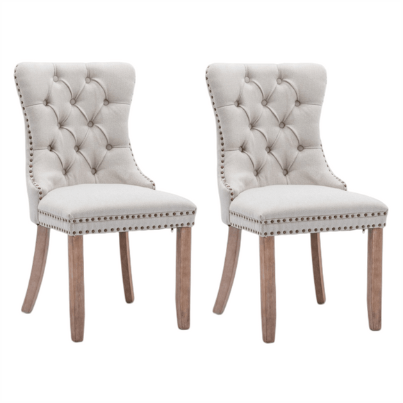 8x AADEN Modern Elegant Button - Tufted Upholstered Fabric with Studs Trim and Wooden legs Dining Side Chair - Beige - RnR Galore