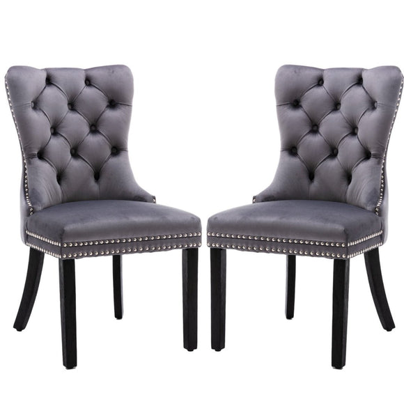 8x Velvet Dining Chairs Upholstered Tufted Kithcen Chair with Solid Wood Legs Stud Trim and Ring - Gray - RnR Galore