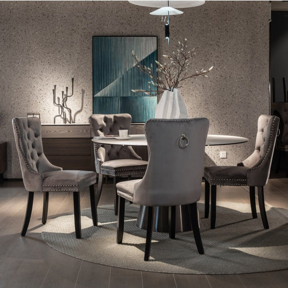 8x Velvet Dining Chairs Upholstered Tufted Kithcen Chair with Solid Wood Legs Stud Trim and Ring - Gray - RnR Galore