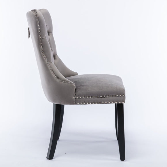 8x Velvet Dining Chairs Upholstered Tufted Kithcen Chair with Solid Wood Legs Stud Trim and Ring - Gray - RnR Galore