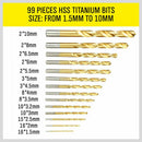 99Pc Drills Set HSS Titanium Coated Wood Plastic Metal Metric 1.5 - 10mm With Case - RnR Galore