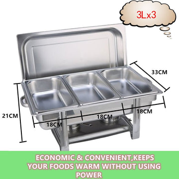 9L Chafing Dish Set Buffet Pan Bain Marie Bow Stainless Steel Food Warmer(3*3L) - RnR Galore