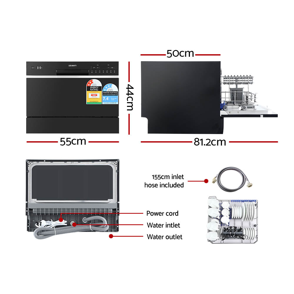 Devanti 6 Place Settings Benchtop Dishwasher Black - 0