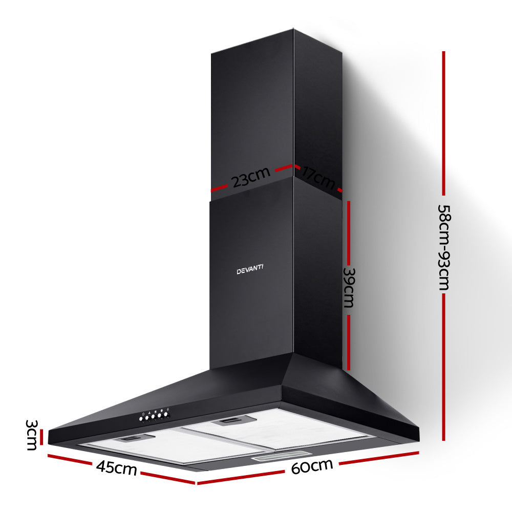 Devanti 600mm Range Hood 60cm Rangehood Black - 0
