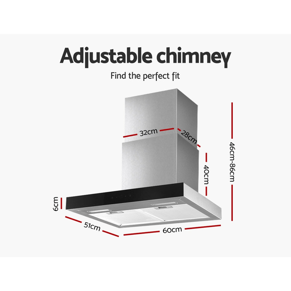 Devanti 600mm Range Hood 60cm Rangehood Glass Stainless Steel - 0