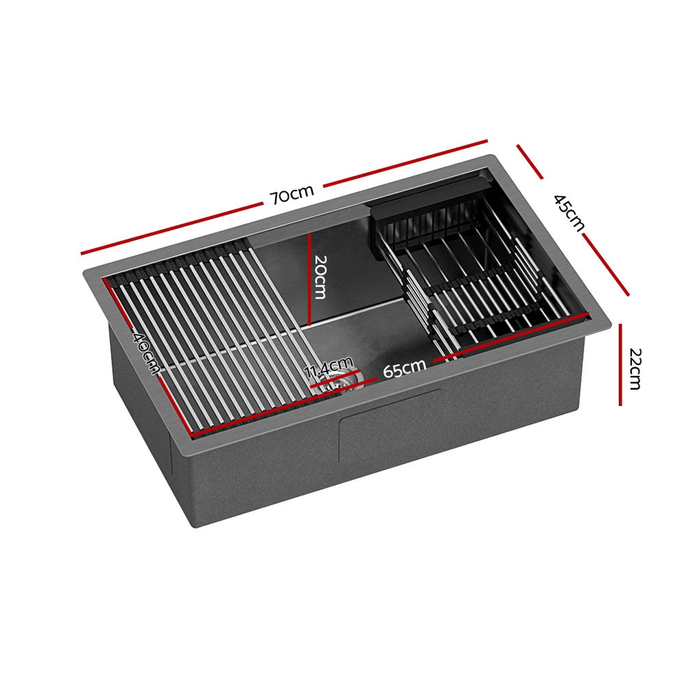 Cefito Kitchen Sink 70X45CM Stainless Steel Single Bowl Drain Rack Basket Black - 0