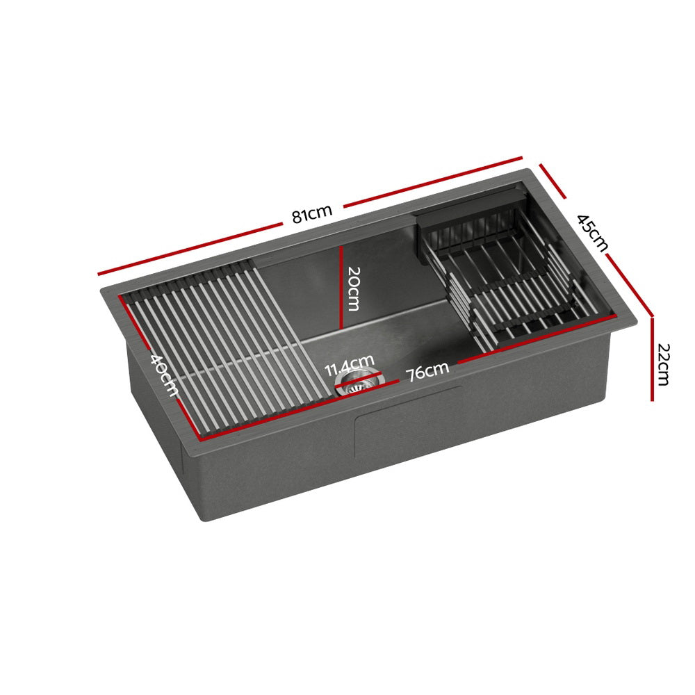 Cefito Kitchen Sink 81X45CM Stainless Steel Single Bowl Drain Rack Basket Black - 0