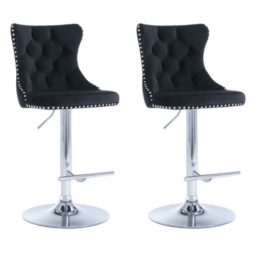 4x Height Adjustable Swivel Bar Stool Velvet Studs Barstool with Footrest and Chromed Base- Black - 0