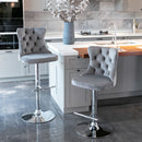 4x Height Adjustable Swivel Bar Stool Velvet Stud Barstool with Footrest and Chromed Base- Gray-10
