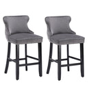 4x Velvet Upholstered Button Tufted Bar Stools with Wood Legs and Studs-Grey-2