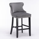 4x Velvet Upholstered Button Tufted Bar Stools with Wood Legs and Studs-Grey-3