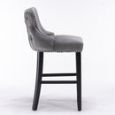 4x Velvet Upholstered Button Tufted Bar Stools with Wood Legs and Studs-Grey-5