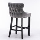 4x Velvet Upholstered Button Tufted Bar Stools with Wood Legs and Studs-Grey-6