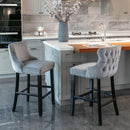 4x Velvet Upholstered Button Tufted Bar Stools with Wood Legs and Studs-Grey-10
