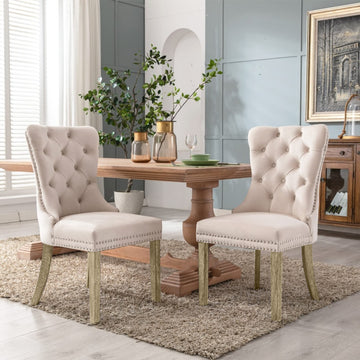 4x Velvet Dining Chairs Upholstered Tufted Kithcen Chair with Solid Wood Legs Stud Trim and Ring-Beige - 0