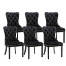 6x Velvet Dining Chairs Upholstered Tufted Kithcen Chair with Solid Wood Legs Stud Trim and Ring-Black-1