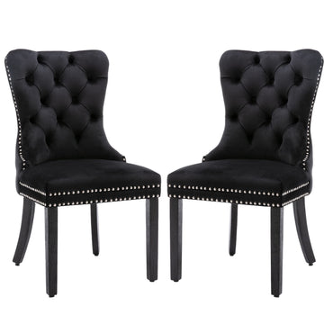 6x Velvet Dining Chairs Upholstered Tufted Kithcen Chair with Solid Wood Legs Stud Trim and Ring-Black - 0