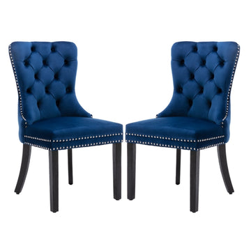 4x Velvet Dining Chairs Upholstered Tufted Kithcen Chair with Solid Wood Legs Stud Trim and Ring-Blue - 0