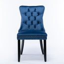 4x Velvet Dining Chairs Upholstered Tufted Kithcen Chair with Solid Wood Legs Stud Trim and Ring-Blue-4