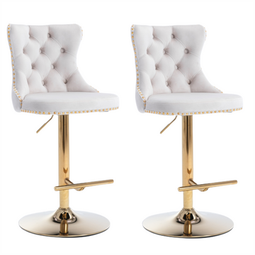 4x Height Adjustable Swivel Bar Stool Velvet Studs Barstool with Footrest and Golden Base- Beige - 0