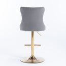 4x Height Adjustable Swivel Bar Stool Velvet Studs Barstool with Footrest and Golden Base- Grey-6