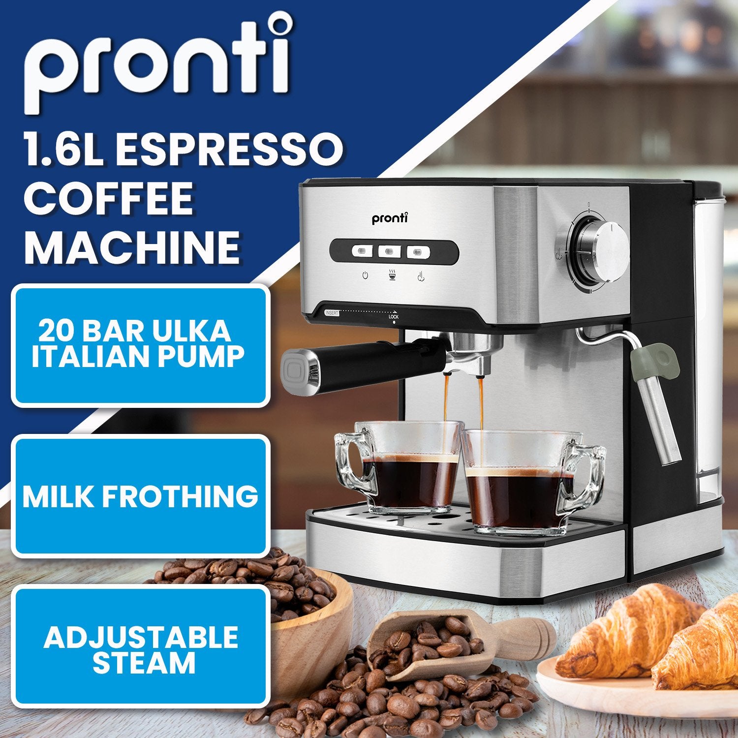 Pronti 1.6L Automatic Coffee Espresso Machine with Steam Frother - 0