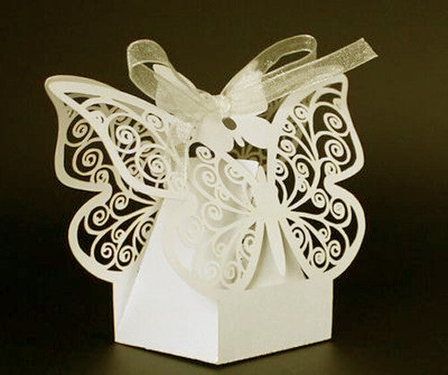50 Piece Pack - Ivory Cream Butterfly Wedding Engagement Party Bomboniere Favour Lolly Gift Almond Card Box - 0