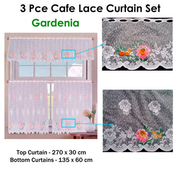 3 Pce Cafe Gardenia Lace Curtain Set - 0