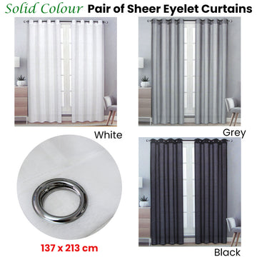 Pair of Solid Colour Sheer Eyelet Curtains 137 x 213 cm Grey - 0