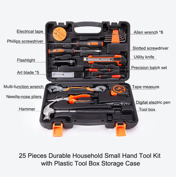 25Pcs Household Hand Tools Set Kit Box with Hard Storage Case Home Supplies - 0