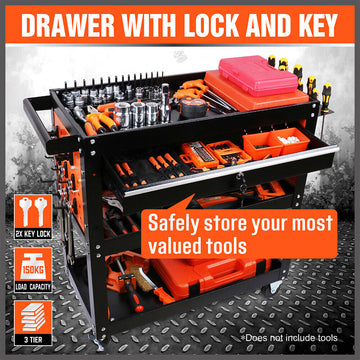 3-Tier Drawer Tool Storage Trolley Workshop Cart Steel Chest w/t Pegboard Hooks - 0