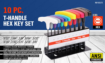 10-Piece T-Handle Hex Key Set, Allen Wrench SAE/Imperial Sizes 3/32"-3/8", Heat-Treated Steel with Color-Code Organizer Stand - 0