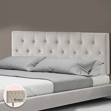 Linen Fabric Double Bed Deluxe Headboard Bedhead - Beige - 0